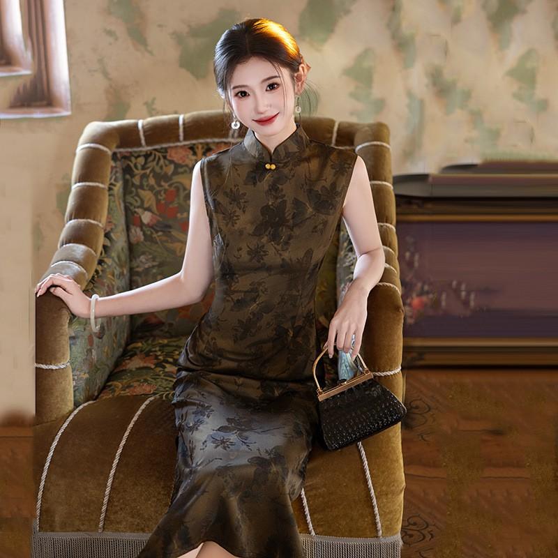 Sleeveless Chinese-Inspired Long Cheongsam Dress Women 2026 Vintage Fit-and-Flare Style With Stand Collar Round