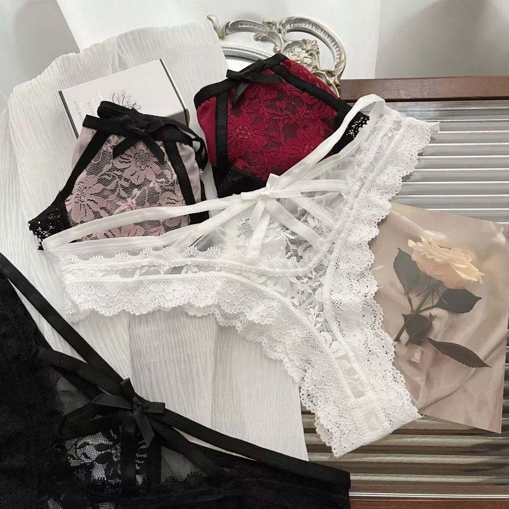 Ruffle Mesh Floral Bowknot Panties Patchwork Lace Flower Transparent Briefs Quick Drye   Lady
