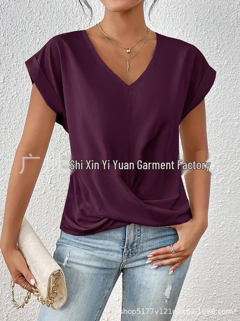 2026 Bestseller Women's Solid V-neck Short-Sleeve T-shirt - Elegant Spring/Summer Top