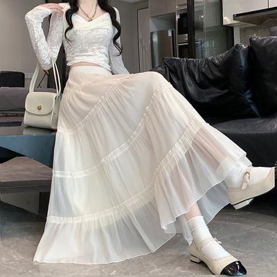 Fashionabla nätkjol i spets, mellanlängd, hög midja, tunn garnkjol, A-linje, lång kjol Plisserad kjol