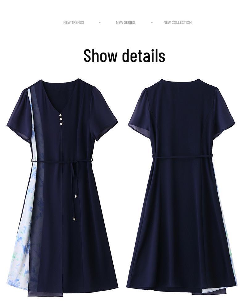 2025 Women's V-Neck Ink Print Color Block Dress with Pendant Belt