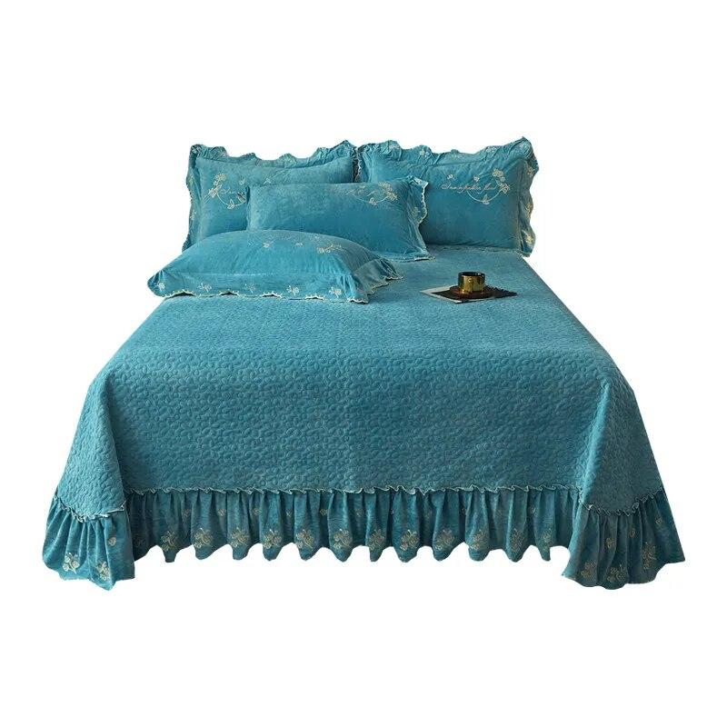 Thickened Velvet Bedspread Coverlet Quilted Soft Bed Sheet Embroidery Ruffle Skirt Queen King Size 3pcs Droppshipping