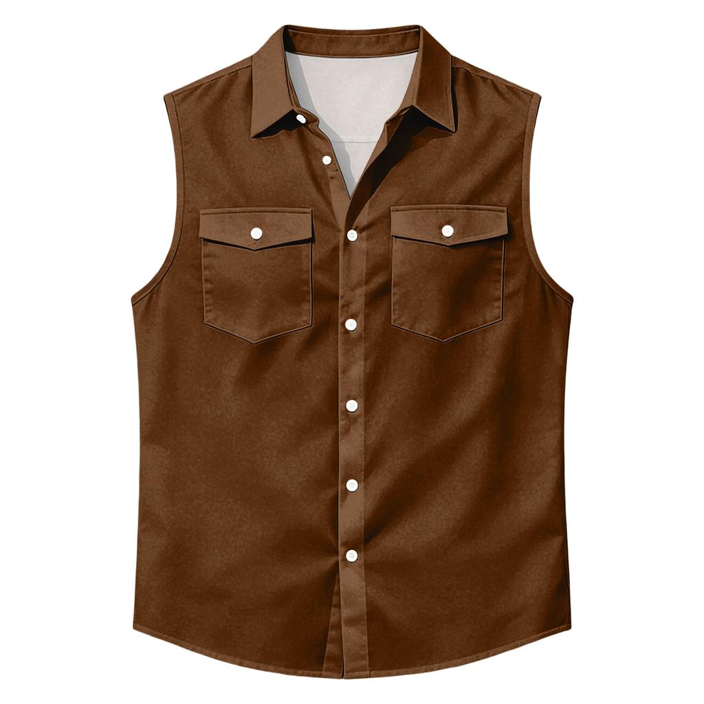 Men's Workwear Lapel Button-Down Vest Shirt - Lightweight Sleeveless Top