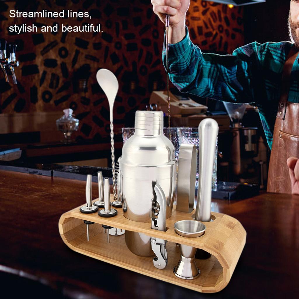11-teiliges Set Edelstahl Cocktailshaker Mixer Getränke Barkeeper Martini Werkzeuge Bar-Set mit Holz