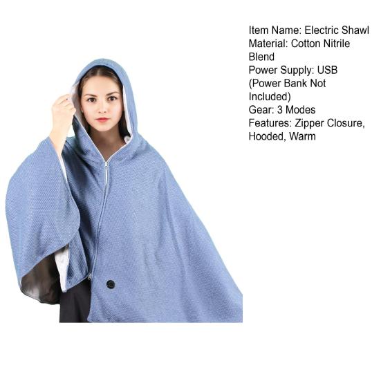 USB-Powered Electric Blanket Hooded Zipper Closure Solid Color Heated Shawl Wraps Winter Warm Quick Heating Blanket