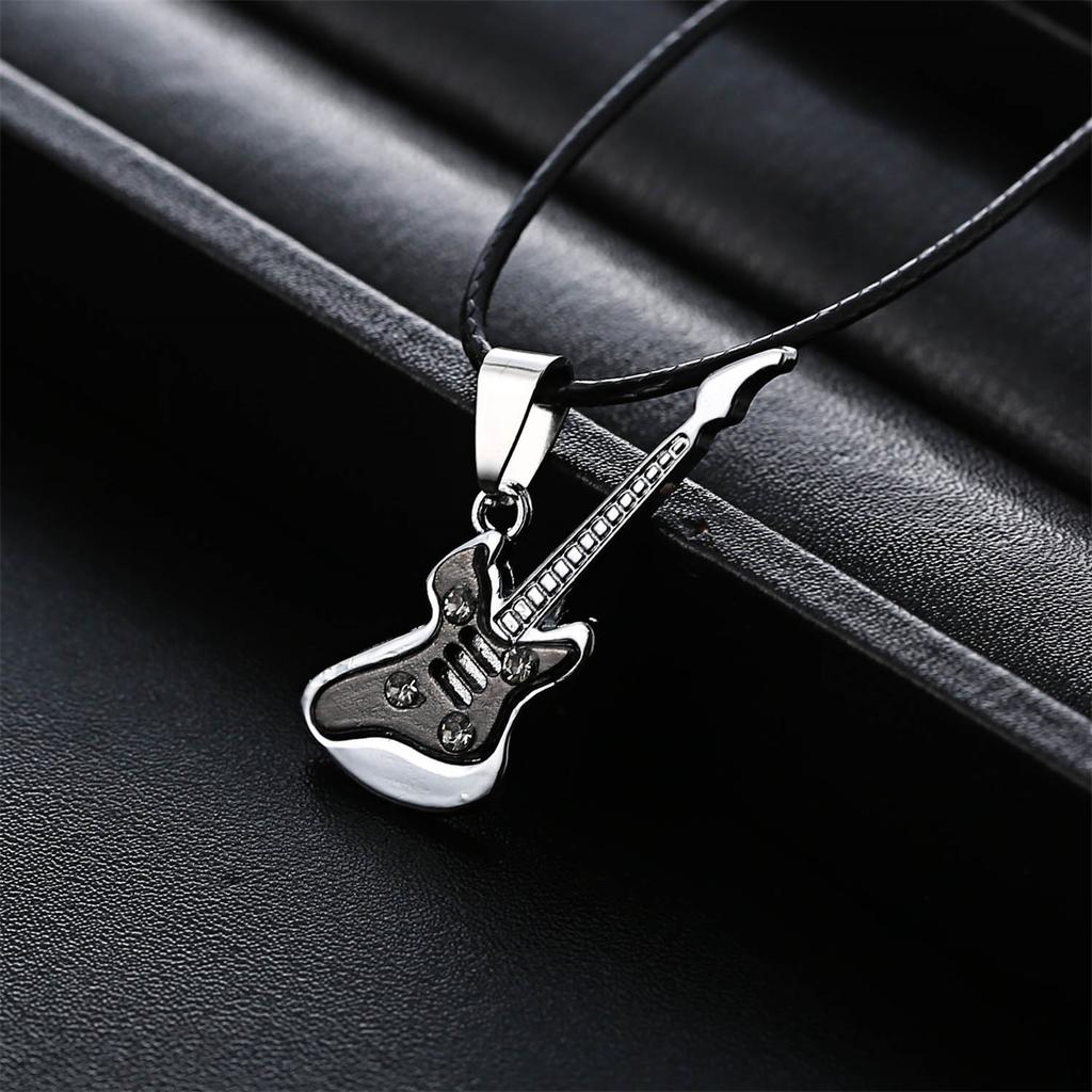 Fashion Stainless Steel Guitar Pendant Necklace For Men Women Retro Punk Rope Chain Musical Instrument Choker Party Jewelry Gift
