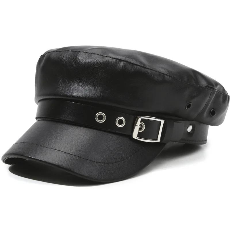 

2026 Black PU Leather Beret Korean Hip Hop Flat Top Visor Painter Hats Fashion Vintage Outdoor Hat Classic Metal Decoration Caps чёрный