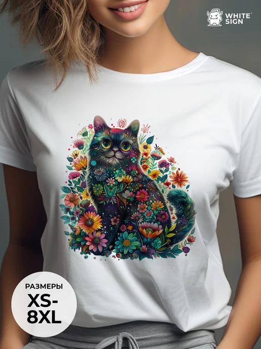 Oversized summer T-shirt: Floral Cat print M