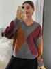Vintage Contrast Rhomboid V-Neck Sweater Top