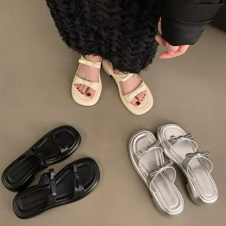 Summer Women's Slippers Stylish Peep Toe Low Heel Silver Women's Comfortable Beach Shoes Sapatilas