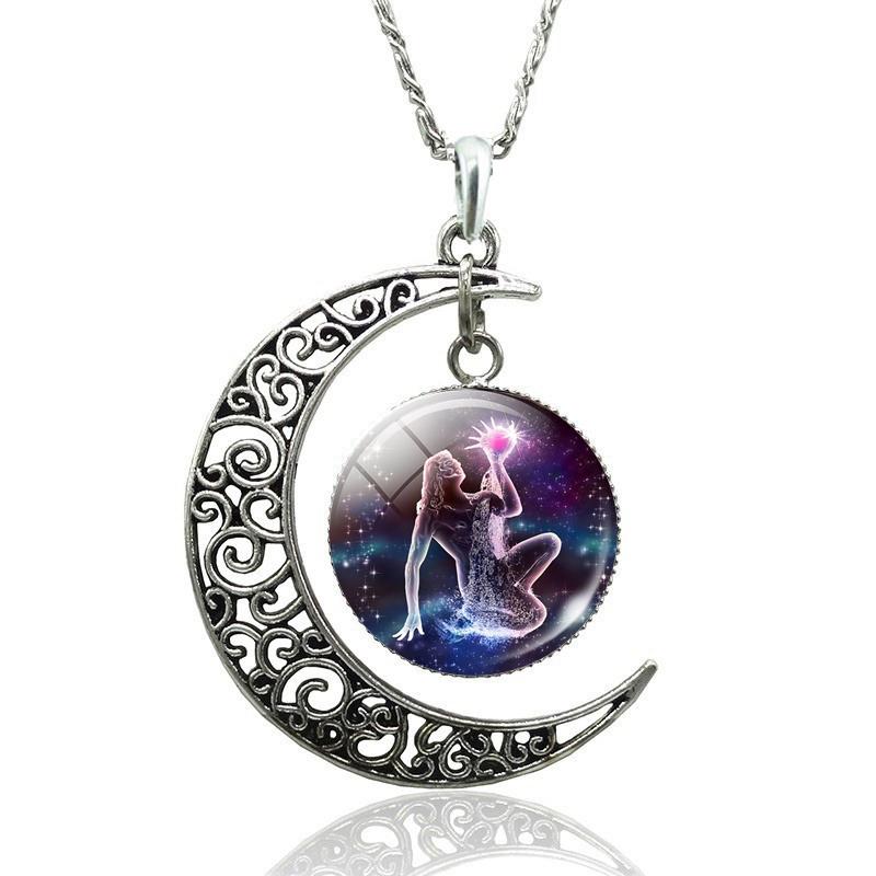 12 Constellation Necklace Zodiac Signs Cabochon Glass Crescent Moon Pendant Clavicle Chain Necklace Birthday Gifts for Women