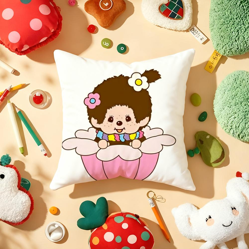 Cartoon M-Monchhichis Cushion Cover Plush Fabric Soft Double-Sided Printed Sofa Warm Winter Home Gift Pillow Cover