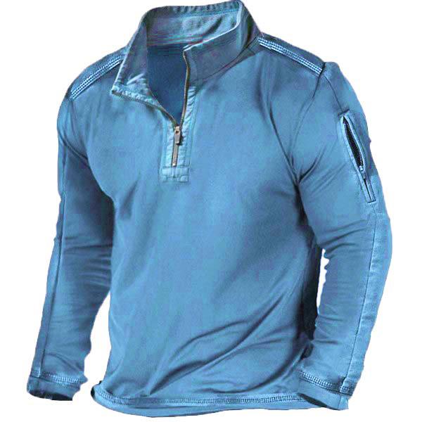 Herren Outdoor T-Shirt mit Reißverschlusstasche, einfarbig, Stehkragen, langen Ärmeln