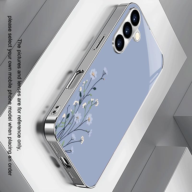 Light Blue and White Flower Glass Phone Case Suitable for Samsung Galaxy S26 S25 S24 S23 S22 S21 S20 FE/Ultra/Plus Anti Drop