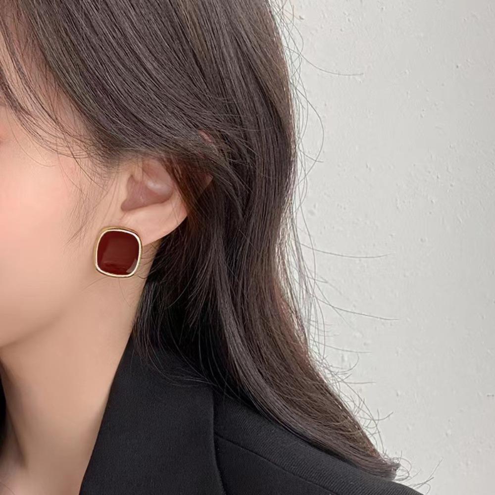 

Retro Simple Colored Drip Glaze Gold Color Edging Geometric Square Stud Earrings for Women Korean Temperament Piercing Jewelry
