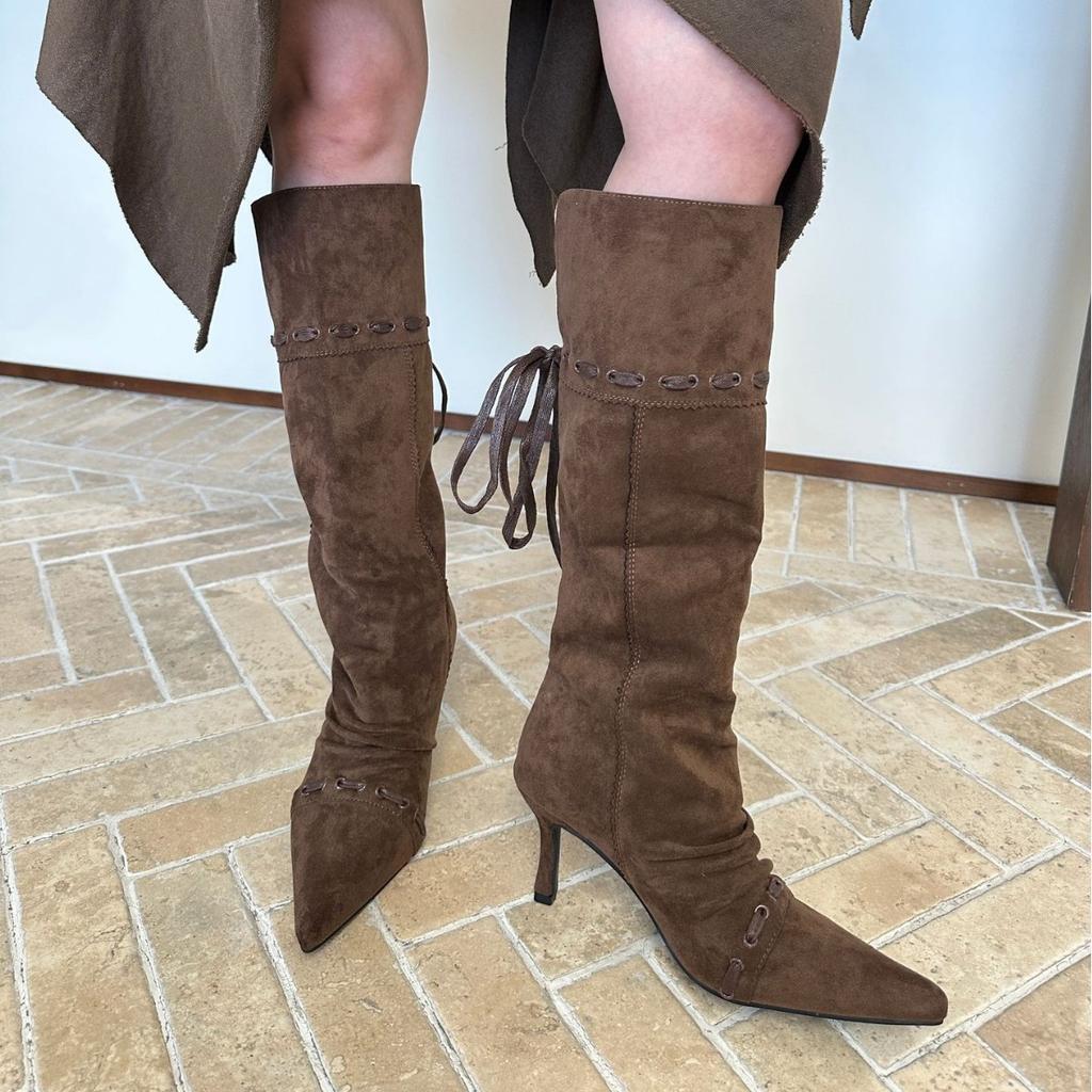 2025 new pointed high heels wear Spice Girls western cowboy boots slim long boots pleated pile boots