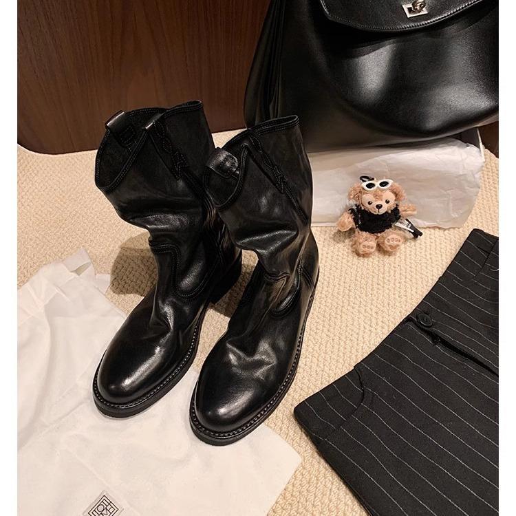 

Washed cowhide~ grape mother leather retro V-mouth medium boots locomotive boots thick heel western cowboy boots women s short boots 35