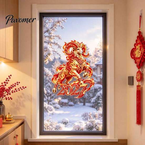 Holiday Window Art 2027 Russian New Year Flame Goat Static Glass Sticker, PVC Zodiac Sheep Cling, Red and Gold Home Decorations Stickers for