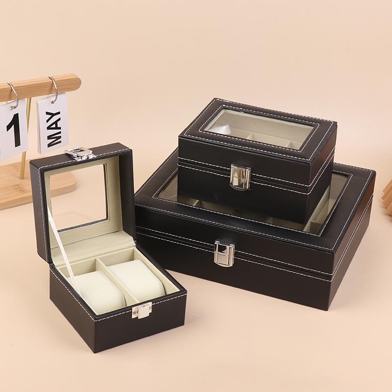 1 Stück Schwarze PU-Leder-Uhrenbox Vitrine Organizer Mit Glasdeckel mit Rahmen Und Herausnehmbarem Kissen Für Männer Und Frauen