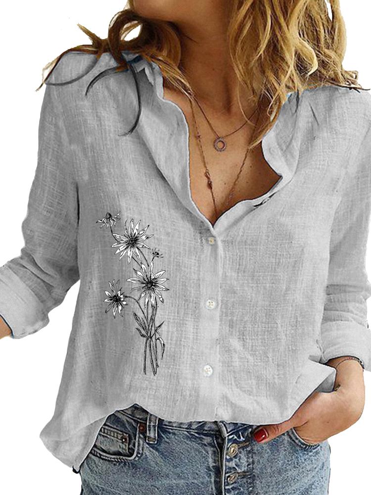 Women Fashion Cotton Linen Shirt Spring&summer Loose Top Ladies Casual Floral Print Blouse
