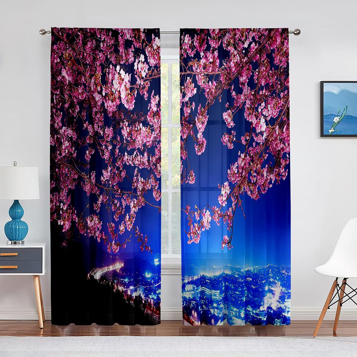 

Весенняя тюлевая занавеска с цветочным узором вишни, окно для гостиной, спальни, кухни, шифоновая прозрачная вуаль, занавеска 1 PCS W100XH250cm&Grommet Top