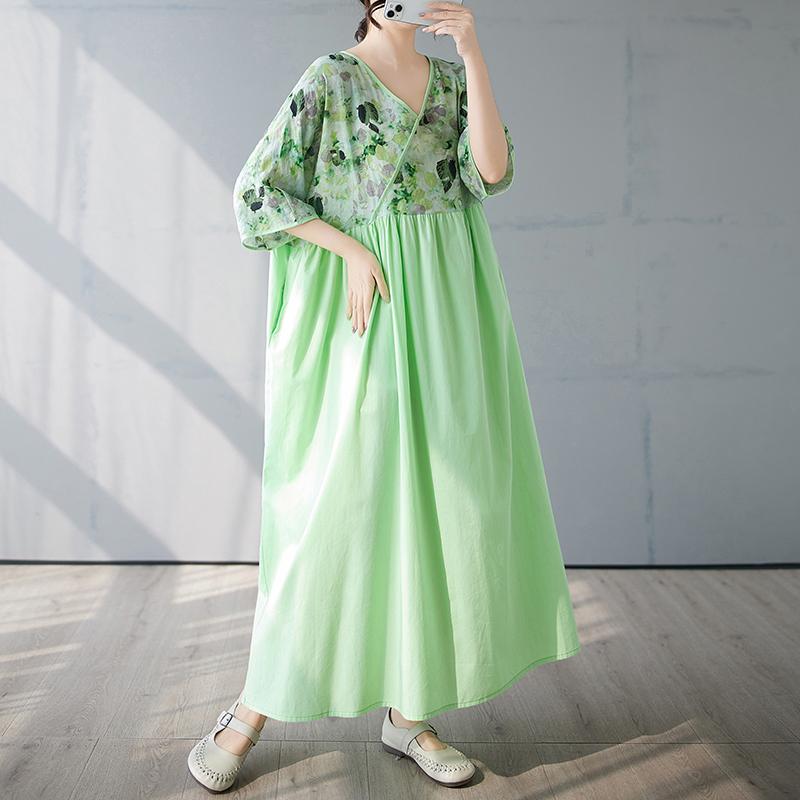 DIMANAF 2025 Summer Women New Plus Size Dress Spliced Basic Casual Loose Long Vintage V-Neck Pleated Dress Maxi