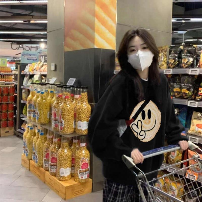 Ladies Smiling Face Printed Loose Sweatshirt Women's O-neck Long Sleeve Oversize Pullover Hoodie for Autumn Winter