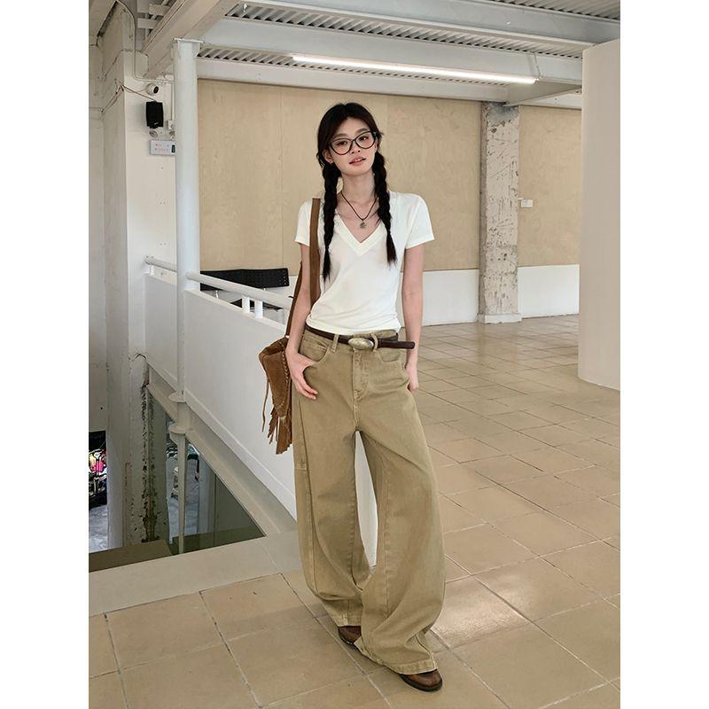 

Retro Khaki Straight-leg Denim Female Popular Little Man Loose Pants High Waist All-Matching Mop Trousers This Year Khaki pants recommend height 155-165cm XL