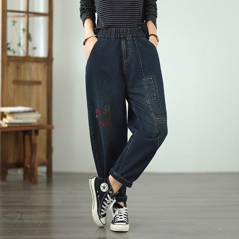 

большой размер винтажная вышивка цветочный высокая талия повседневные свободные женские весенне-летне-осенние джинсы деним брюки гарем M