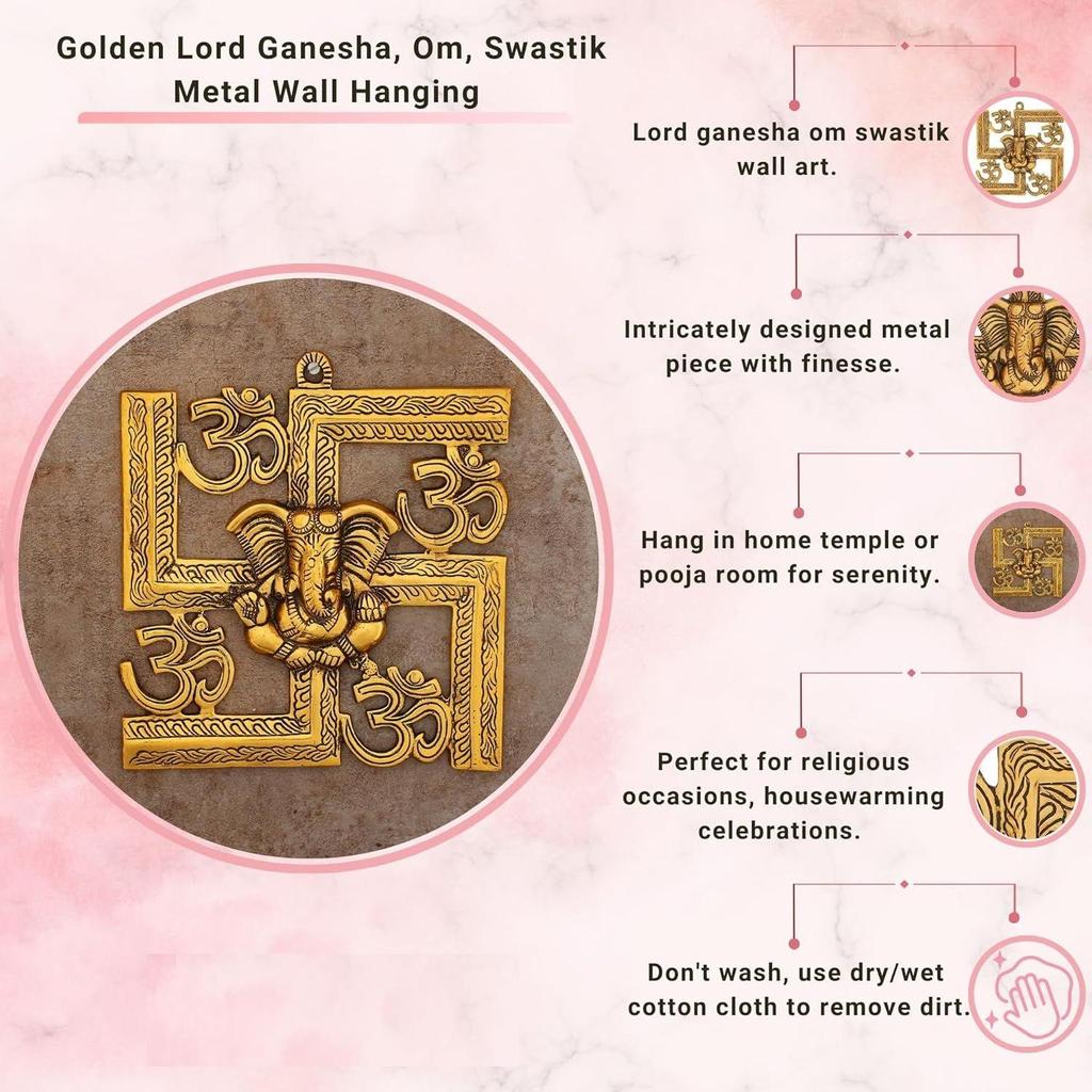 Lord Ganesha On Om Swastik Metal Golden Wall Hanging