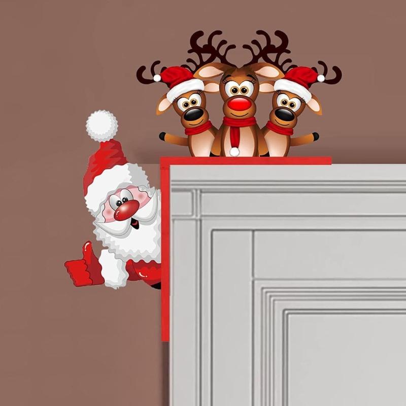 Christmas Wooden Door Hangings Santa Reindeers Carving Wall Ornament For Indoor Outdoors Holiday Season Home Decoration Easy Installation