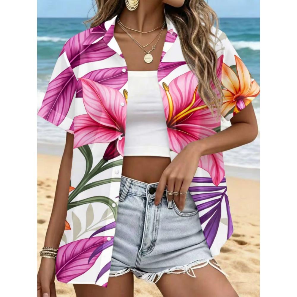 Simple and personalized print summer women's plus size lapel short sleeved shirt fashionable daily versatile casual top
