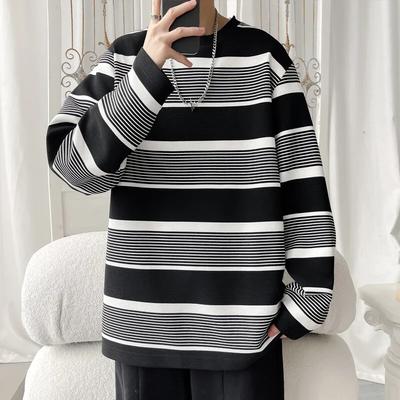 2025 Frühling Herbst Herren O-Ausschnitt Gestreiftes T-Shirt Mode Locker Streetwear T-Shirt Herren Langarm Japanischer Stil Lässig für Teenager