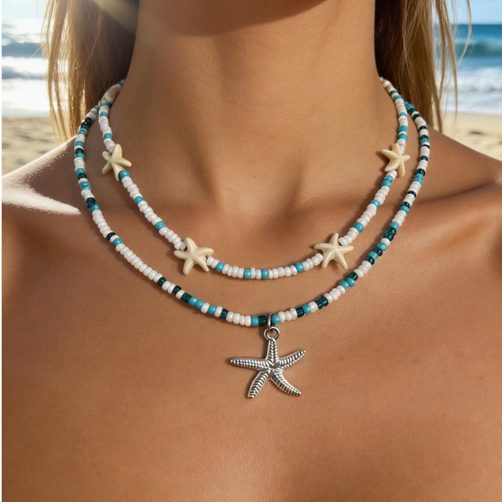 Summer hot-selling bohemian style starfish series multi-pendant beaded rice bead necklace beach style necklace women