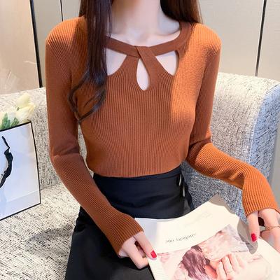 Women's O Neck Stretch Sexy Pullover Lady Autumn Winter Hollow Solid Color Sweater Slim Bottoming Shirt Jumper