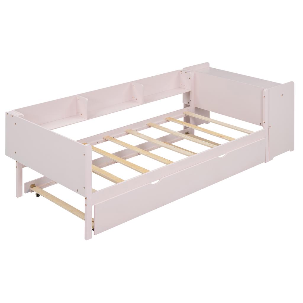Low Bed 90*200cm, with Pull-out Bed, with Desk, Three Shelves on the Side of the Bed, Pink