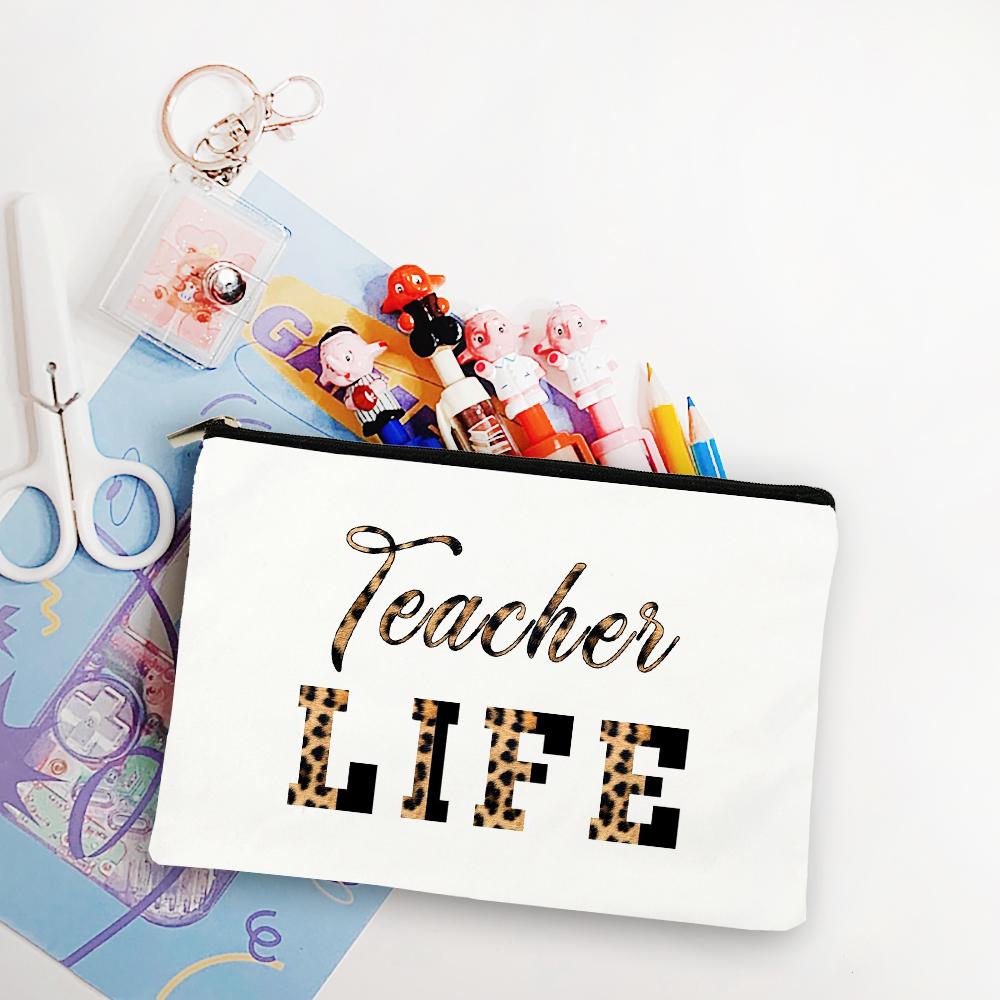 Blessed Teacher Life Leopard Makeup Bags Student White Pencil Pouch Teacher Shopping Handbag Storage Bag Teachers' Day Best Gift