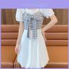 Summer French Style Twopiece Dress With Puff Sleeves And Bow For Petite Women