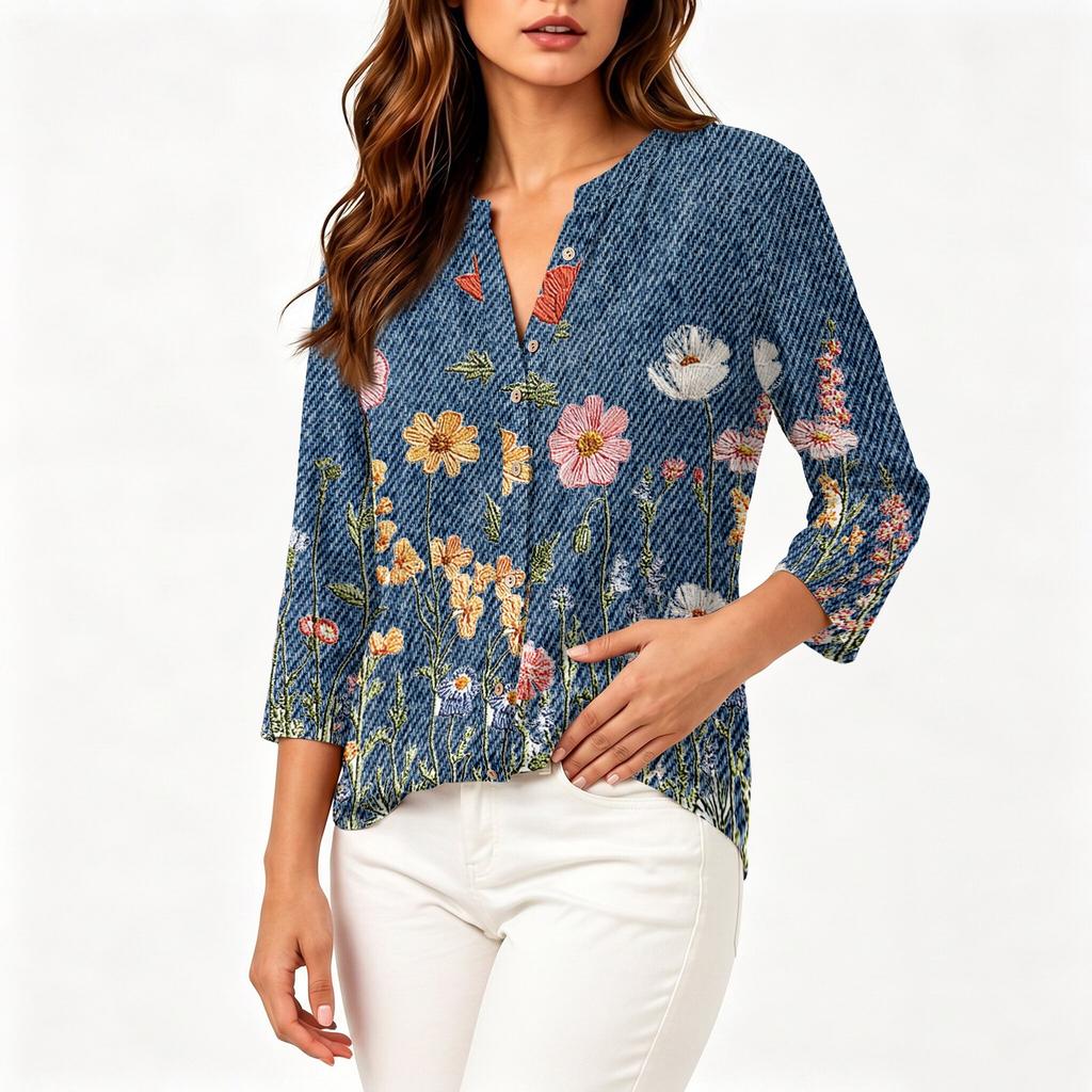 Women Vintage Floral Print Henley Button Neck Three Quarter Sleeve Linen Cotton Blouse Casual Loose Fit Shirt
