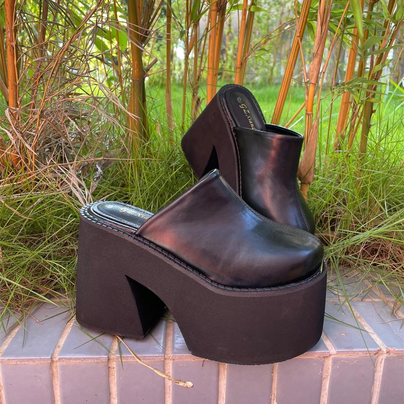 Geschlossene Zehen-Plateau-Pantoletten mit klobigen Absätzen, Schuhe für Damen, dicker Boden, schwarz, hohe Plateau-Slingbacks, tägliches Tragen, bequem