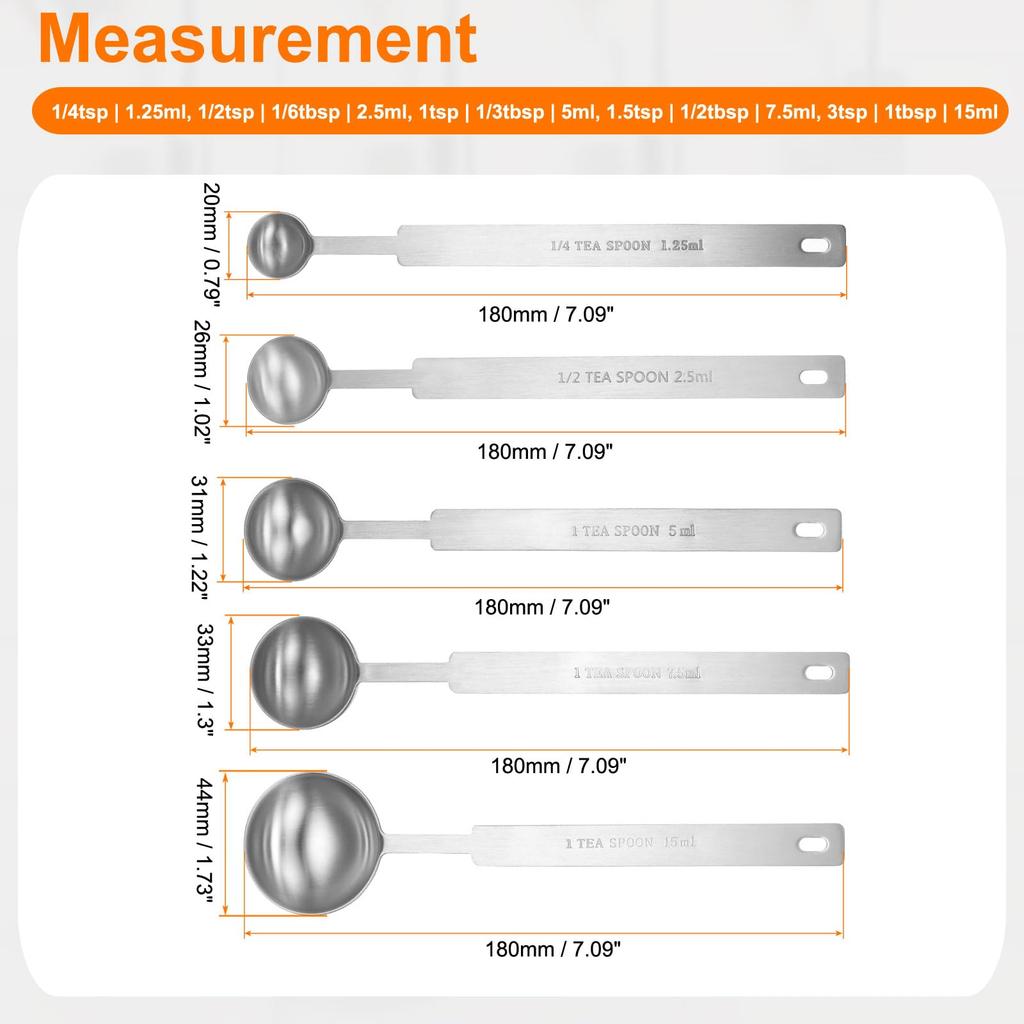 Uxcell 5-Piece Measuring Spoon Set, 14 Tsp, 12 Tsp, 1 Tsp, 1.5 Tsp, 3 Tsp (1.25 Ml, 2.5 Ml, 5 Ml, 7.5 Ml, 15 Ml) - 430 Stainless Steel Single
