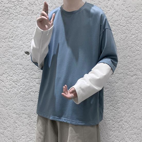 Men Autumn Tops Fake Two-pieced Color Block Pullover Contrast Colors Round Neck Loose Young Style Casual Crew Neck Spring Tops Men Clothes