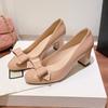 Daily with bow, light mouth single shoes, high heels, spring and autumn nude skirt, round head, gentle wind thick heel