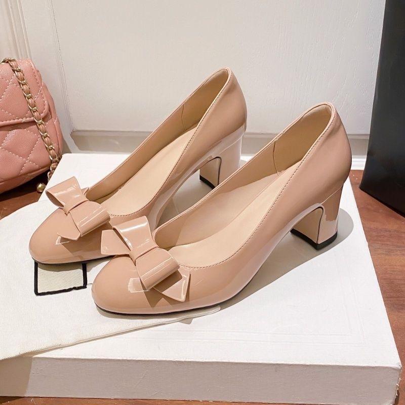 Daily with bow, light mouth single shoes, high heels, spring and autumn nude skirt, round head, gentle wind thick heel