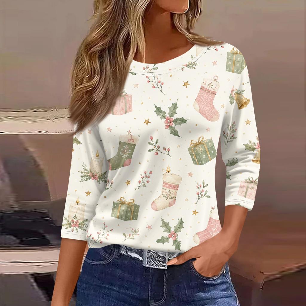Women's Christmas Print Shirt Casual Retro Three-Quarter Sleeve Loose Fit Round Neck