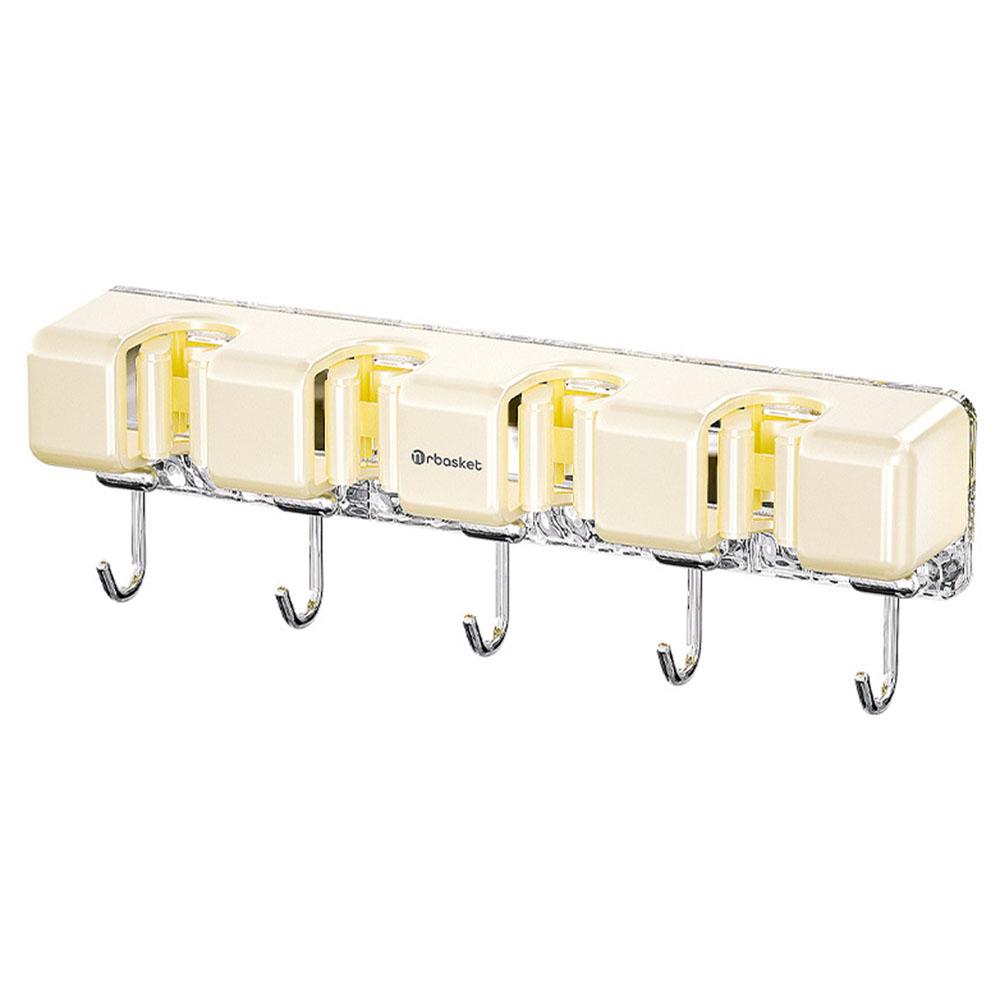 MRBASKET Punch Free Plastic Wall Mounted Mop Holder 4 Slots Broom Organizer with 5 Hooks A