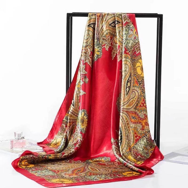 Eșarfă pentru cap femei de marcă de lux pătrată 90*90cm Bandana de satin de mătase Foulard Moale Batic Hijab Eșarfe de păr pentru doamne