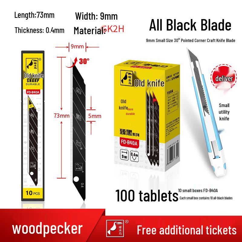 Woodpecker 9mm Craft Knife: 30-Degree Pointed Blade for Film & Wallpaper.