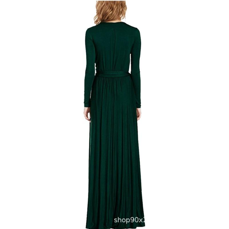 Dragon Skirt Long -sleeved V -neck Pure Color Sexy Dress