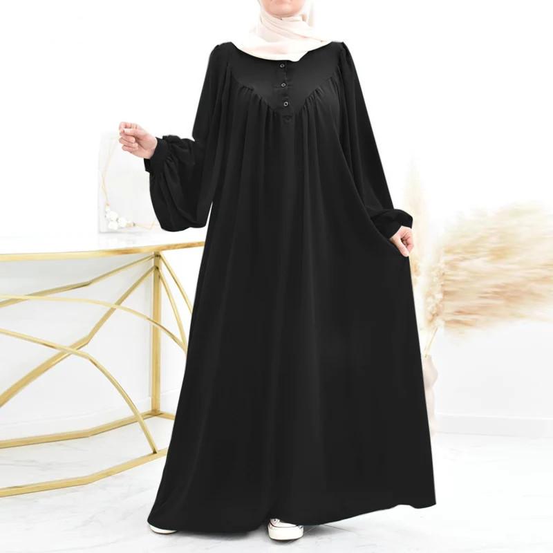Modern Puff Sleeve Muslim Women's Robe: Spring/Autumn Solid Color Long Dress